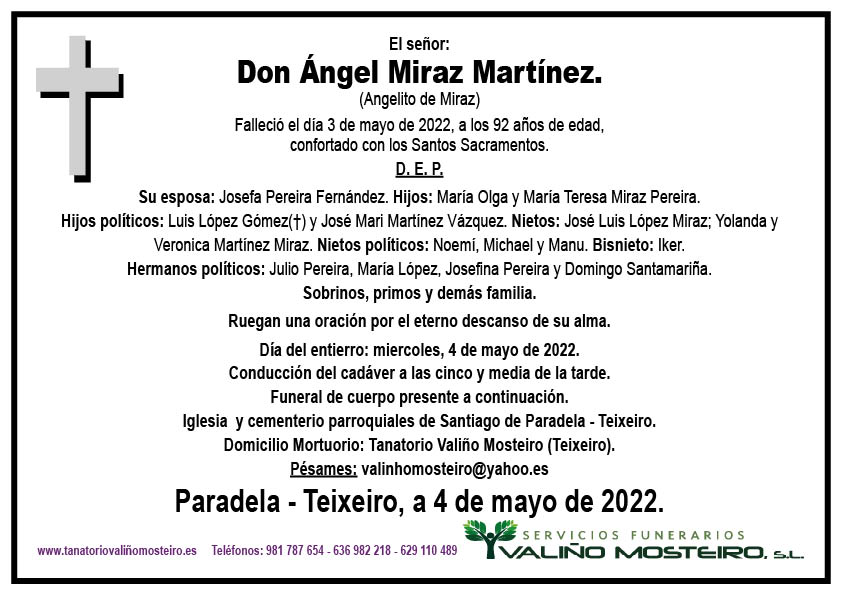 Esquela de Ángel Miraz Martínez.