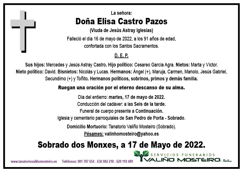 Esquela de Elisa Castro Pazos.