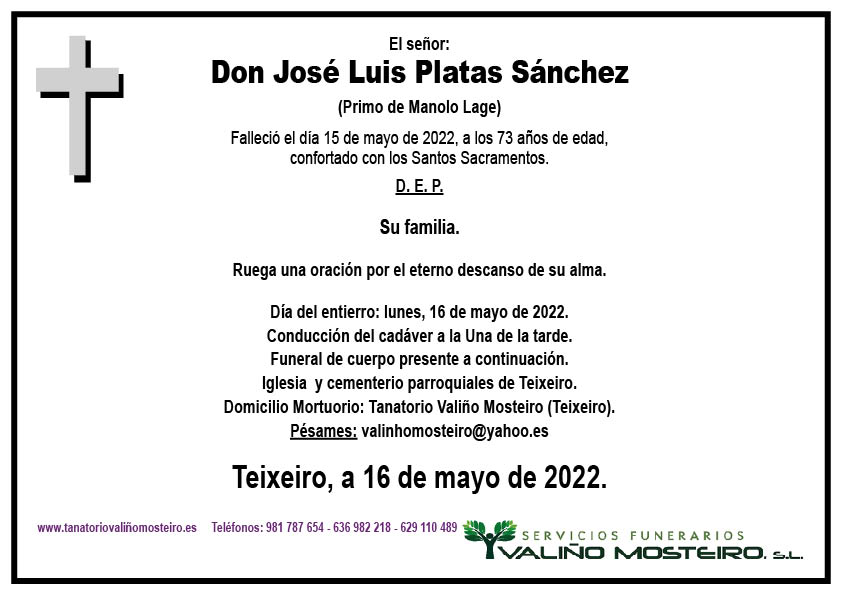 Esquela de José Luis Platas Sánchez.