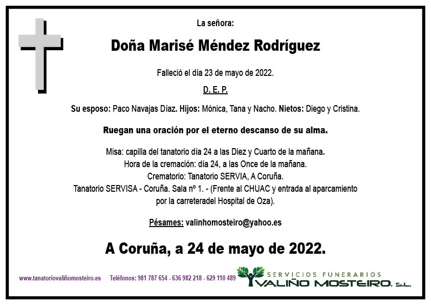 Esquela de Marisé Méndez Rodríguez.