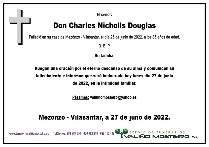 Esquela de Charles Nicholls Douglas.