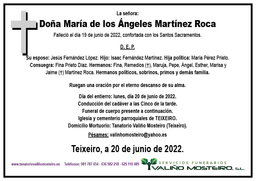 Esquela de María de los Ángeles Martínez Roca.