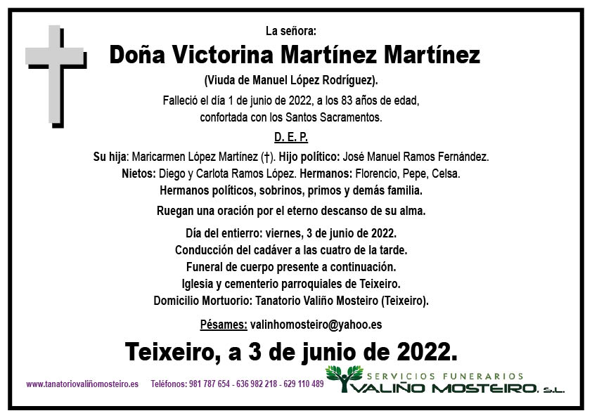 Esquela de Victorina Martínez Martínez.