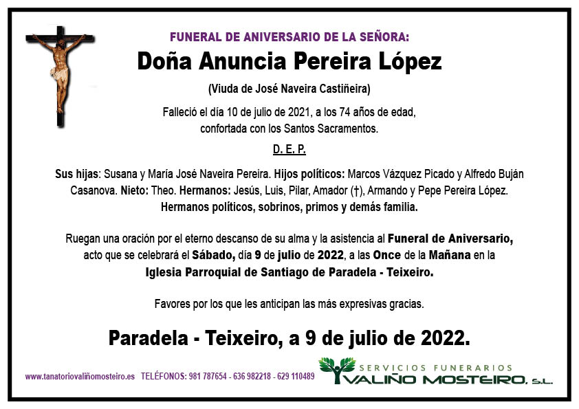 Esquela de Anuncia Pereira López.