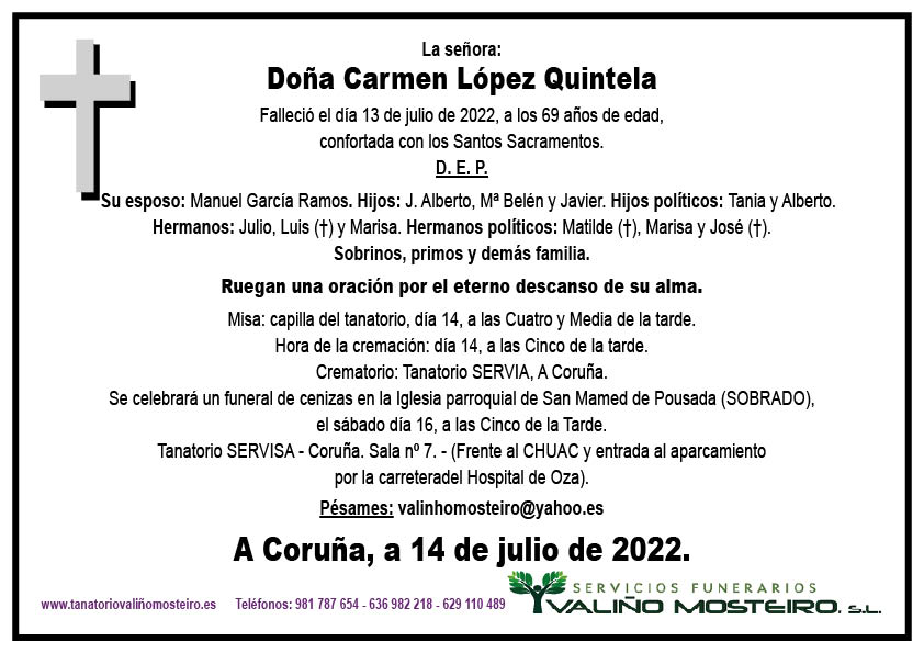 Esquela de Carmen López Quintela.