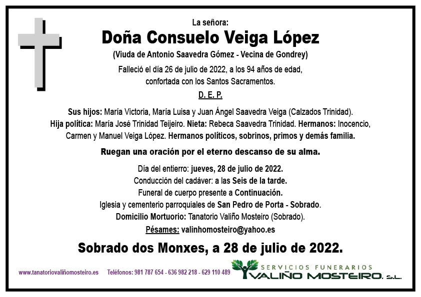 Esquela de Consuelo Veiga López.