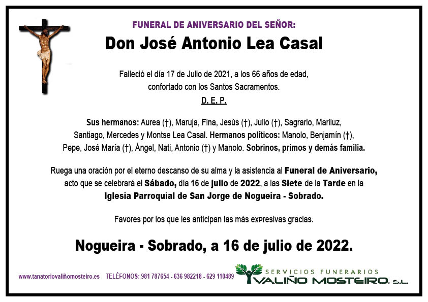 Esquela de José Antonio Lea Casal.