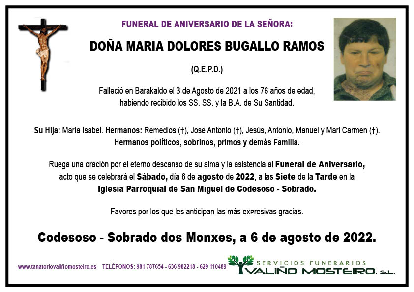 Esquela de María Dolores Bugallo Ramos.