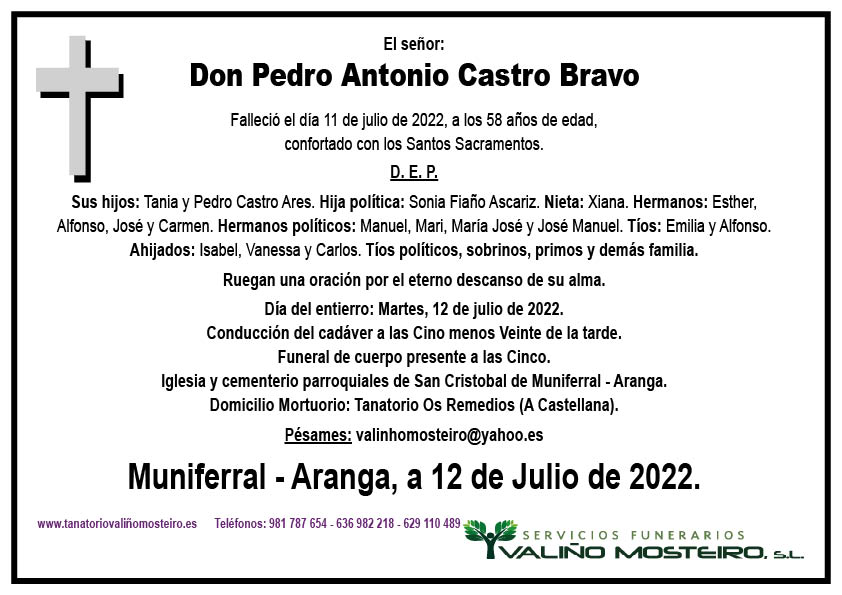 Esquela de Pedro Antonio Castro Bravo.