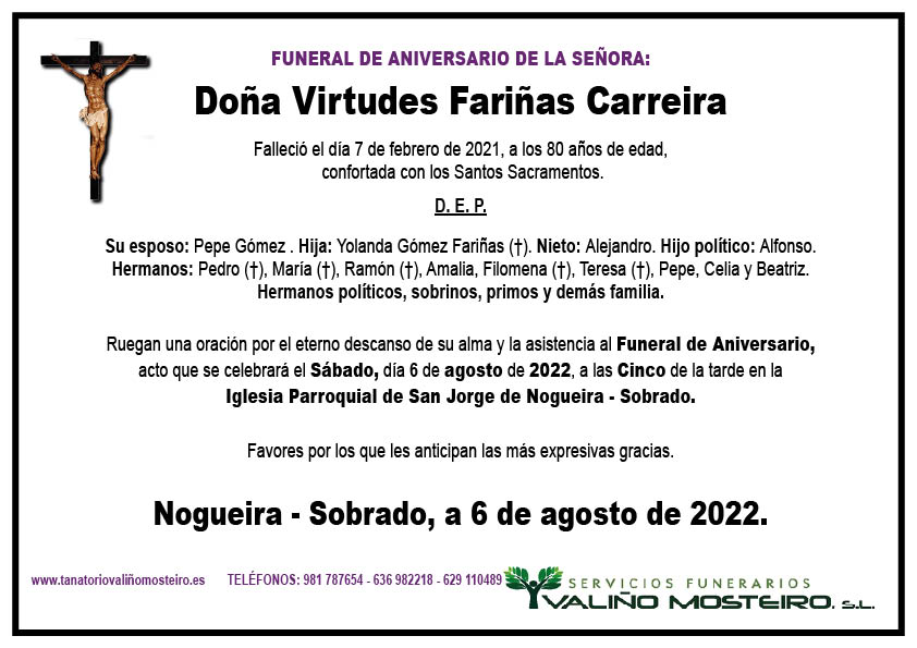 Esquela de Virtudes Fariñas Carreira.