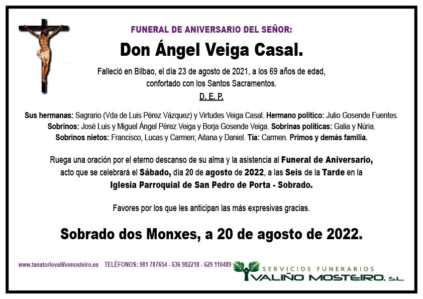 Esquela de Ángel Veiga Casal