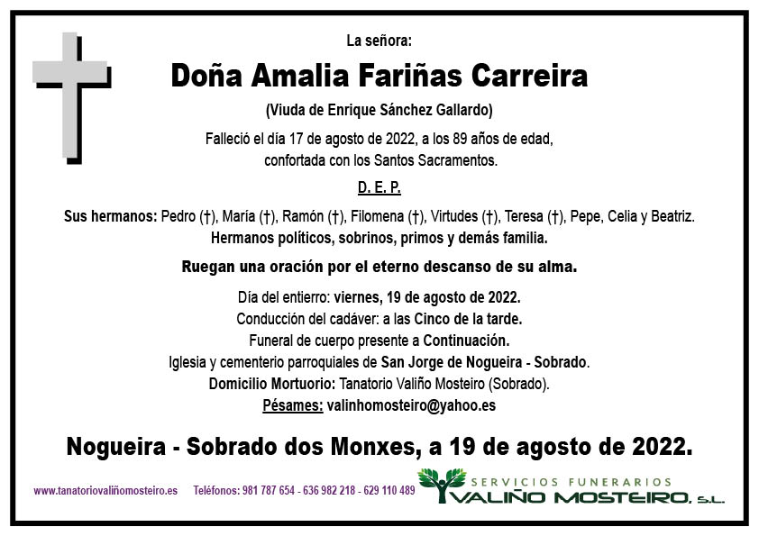 Esquela de Amalia Fariñas Carreira.