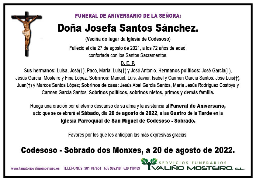 Esquela de Josefa Santos Sánchez