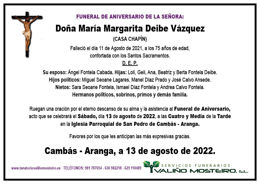 Esquela de María Margarita Deive Vázquez