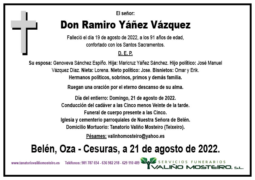 Esquela de Ramiro Yáñez Vázquez.