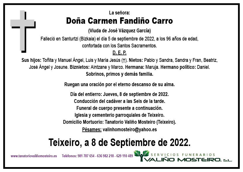 Esquela de Carmen Fandiño Carro.