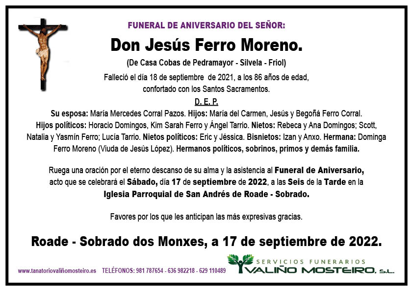 Esquela de Jesús Ferro Moreno