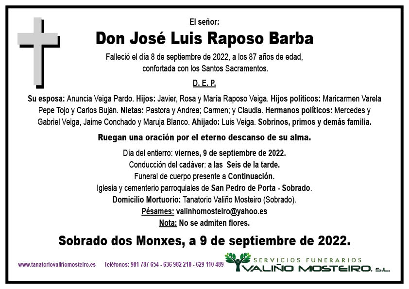 Esquela de José Luis Raposo Barba.