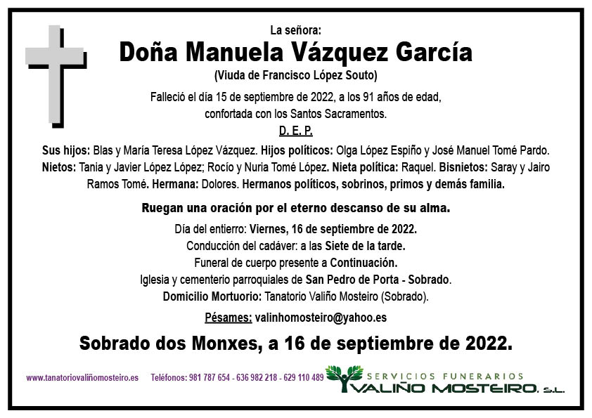 Esquela de Manuela Vázquez García.