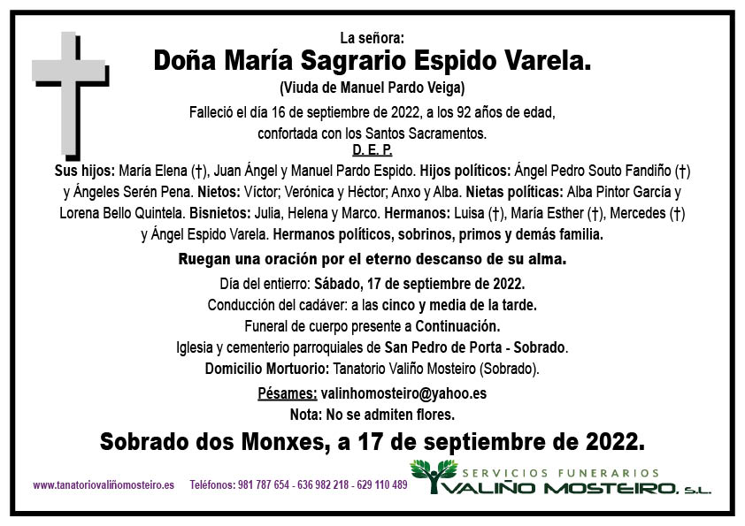 Esquela de María Sagrario Espido Varela.