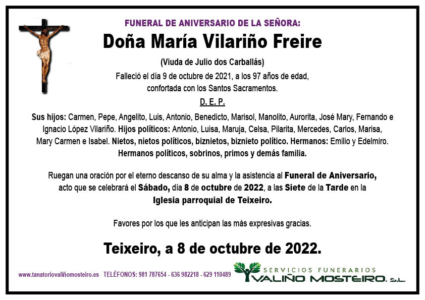 Esquela de María Vilariño Freire.