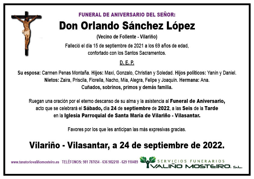 Esquela de Orlando Sánchez López.