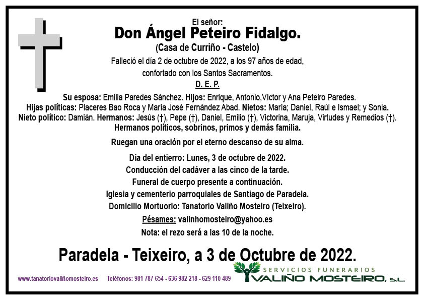 Esquela de Ángel Peteiro Fidalgo.