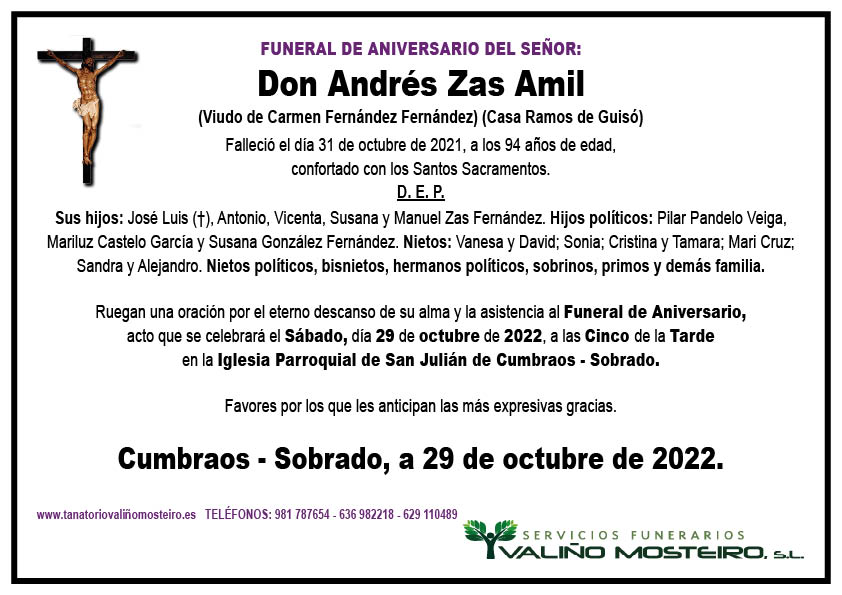 Esquela de Andrés Zas Amil.