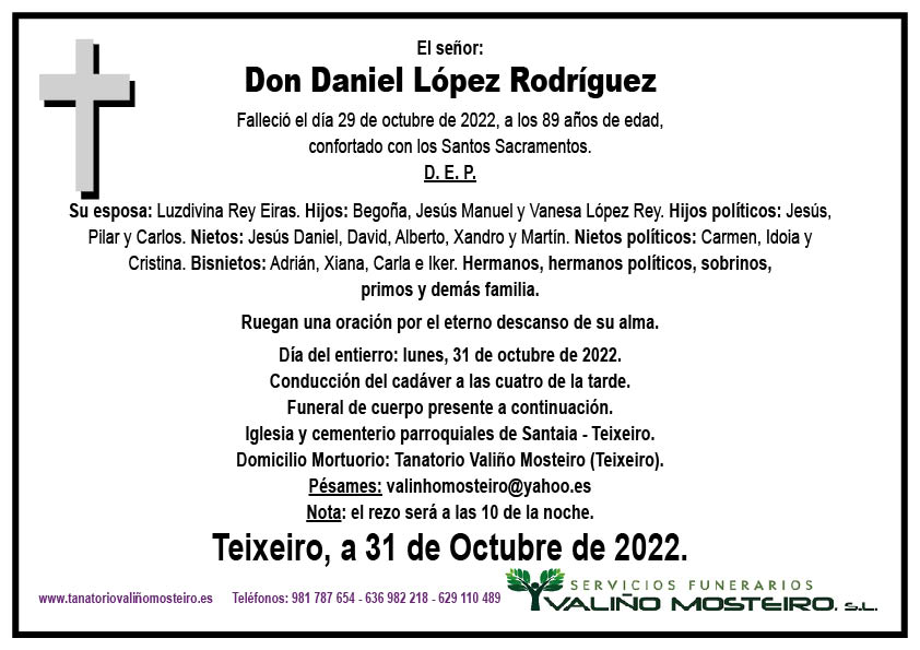 Esquela de Daniel López Rodríguez.