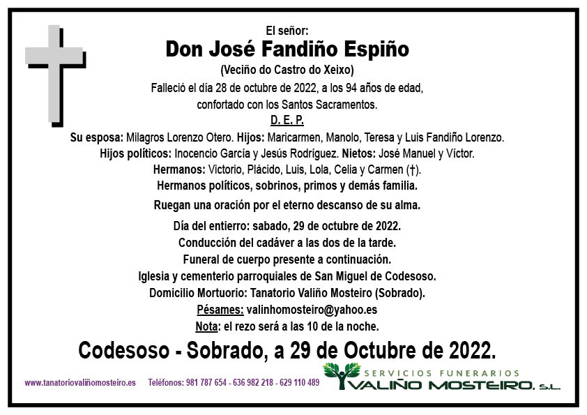 Esquela de José Fandiño Espiño.