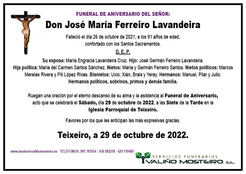 Esquela de José María Ferreiro Lavandeira.