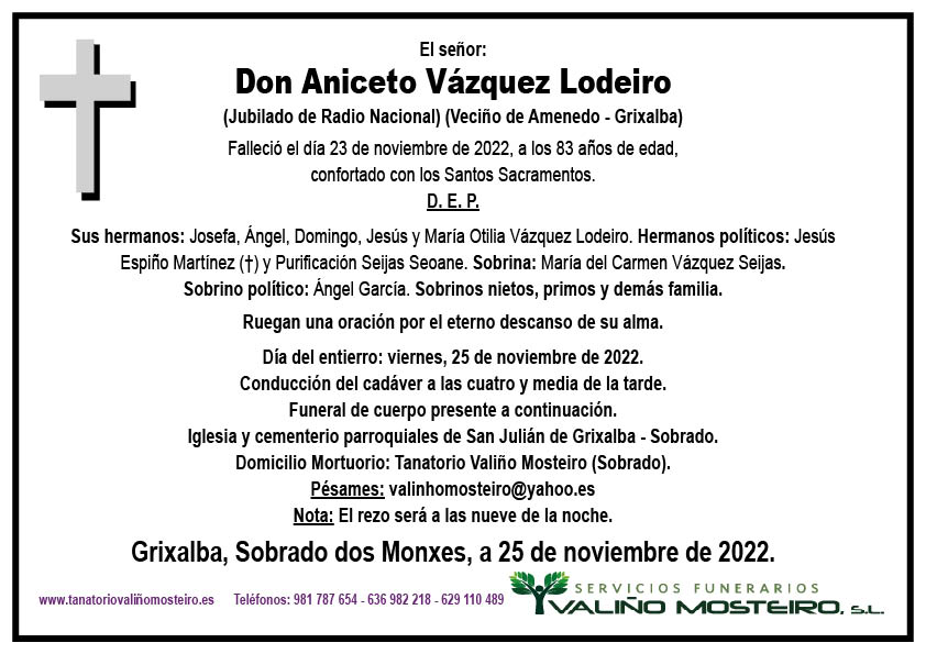 Esquela de Aniceto Vázquez Lodeiro.