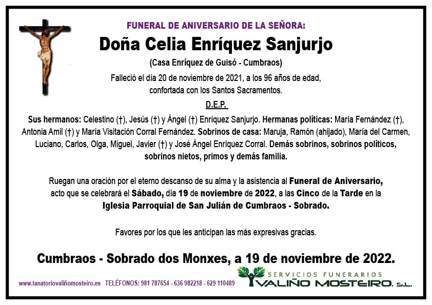 Esquela de Celia Enríquez Sanjurjo