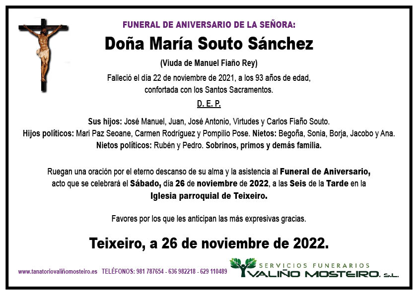 Esquela de María Souto Sánchez.