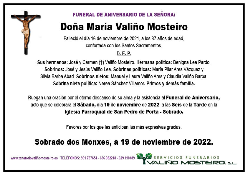 Esquela de María Valiño Mosteiro