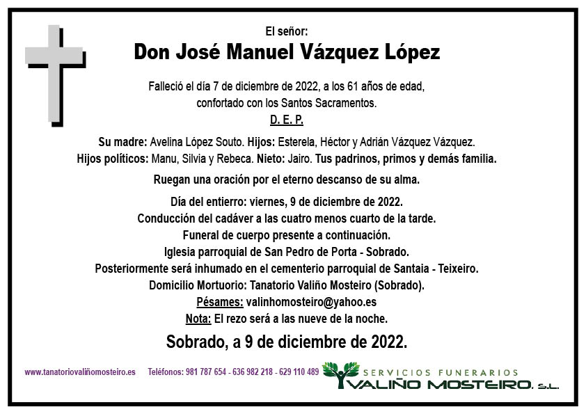 Esquela de José Manuel Vázquez López.