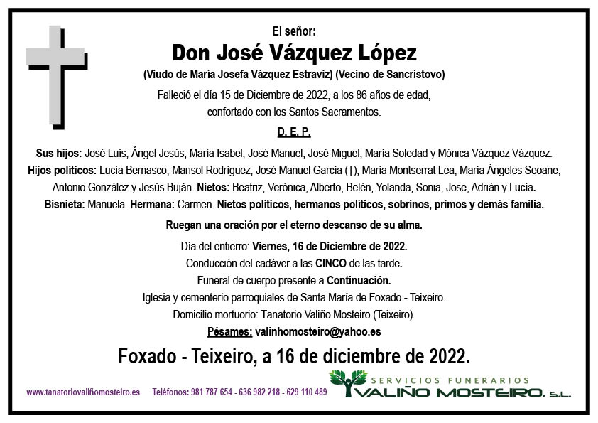 Esquela de José Vázquez López.