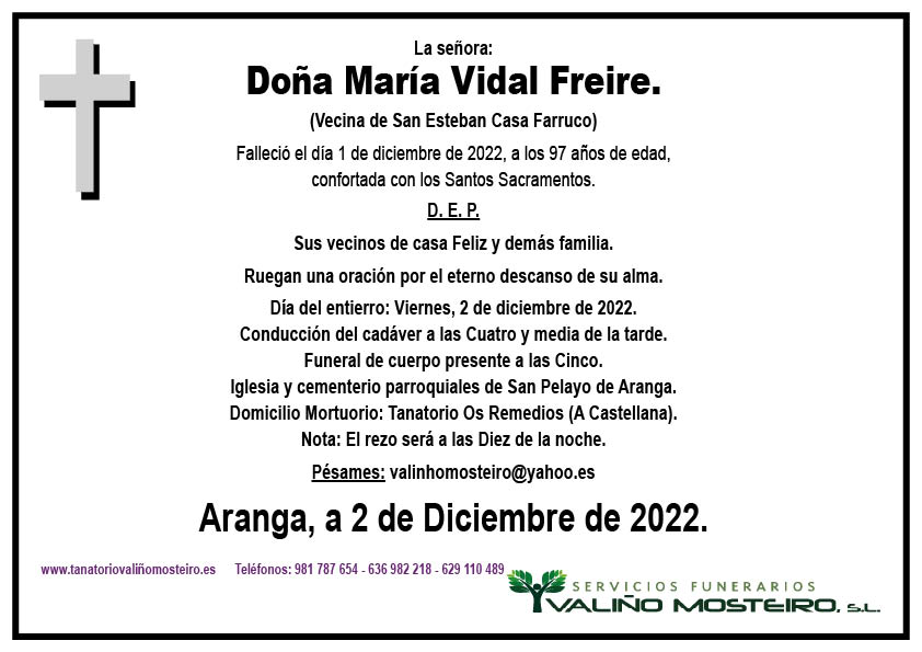 Esquela de María Vidal Freire.