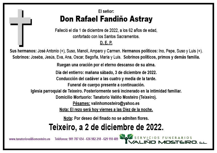 Esquela de Rafael Fandiño Astray.