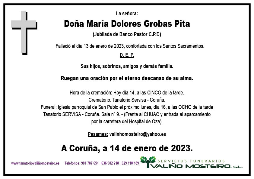 Esquela de María Dolores Grobas Pita.