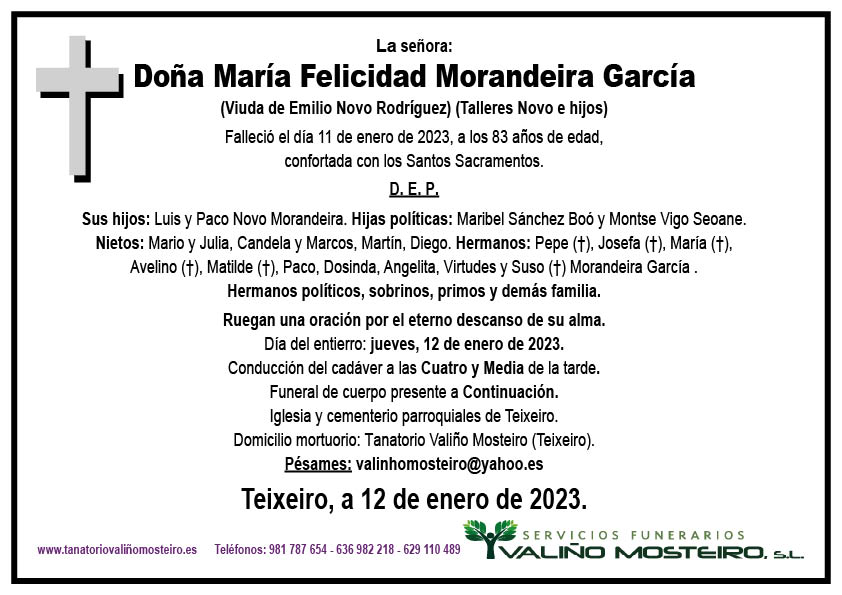 Esquela de María Felicidad Morandeira García.