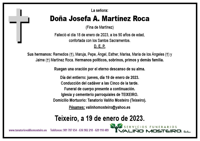 Esquela de Josefa A. Martínez Roca.