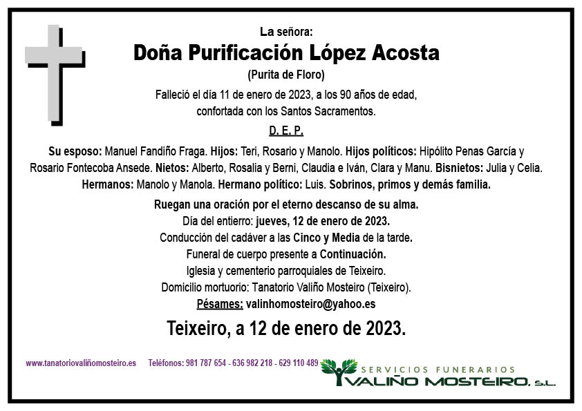 Esquela de Purificación López Acosta.