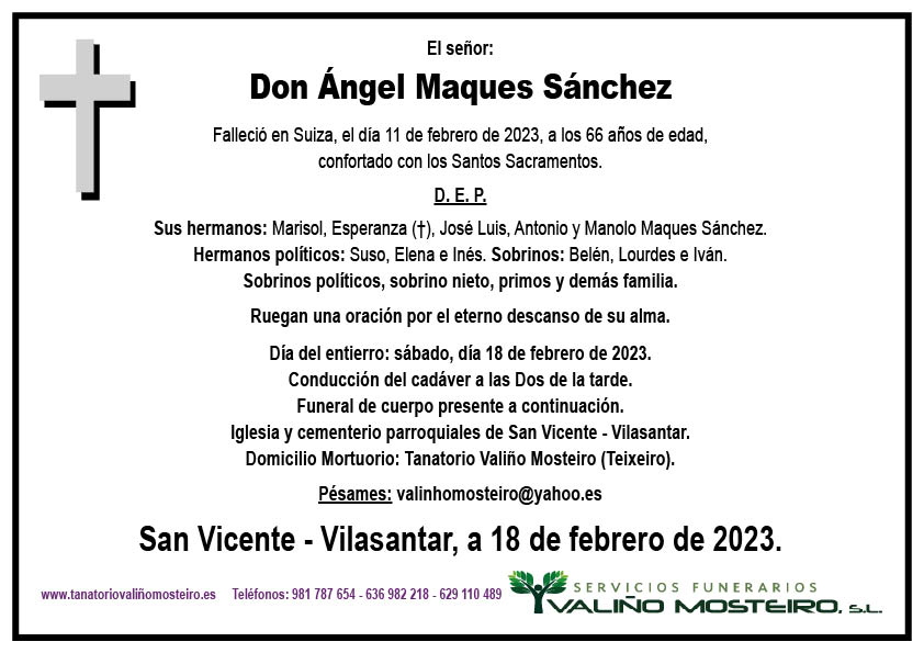 Esquela de Ángel Maques Sánchez.