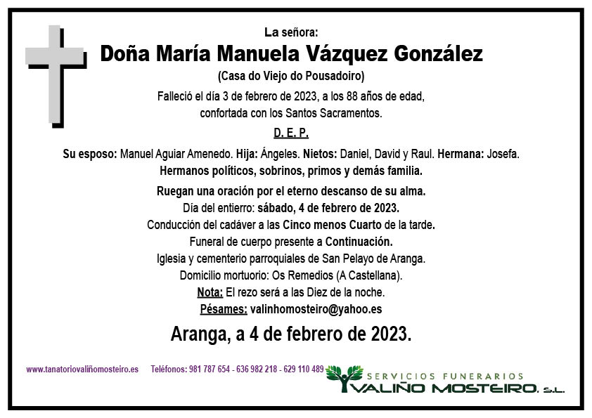 Esquela de María Manuela Vázquez González.