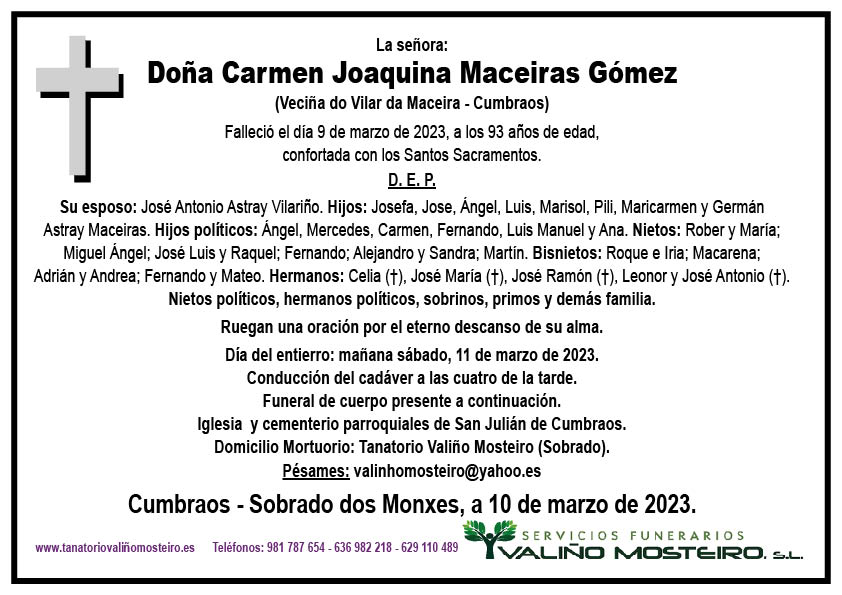 Esquela de Carmen Joaquina Maceiras Gómez.