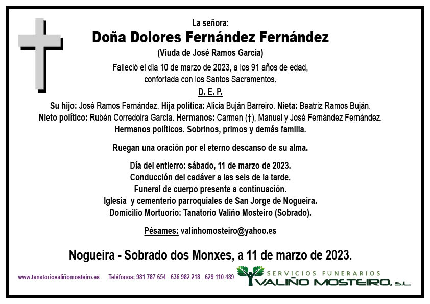 Esquela de Dolores Fernández Fernández.