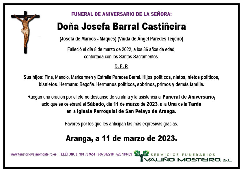 Esquela de Josefa Barral Castiñeiras.