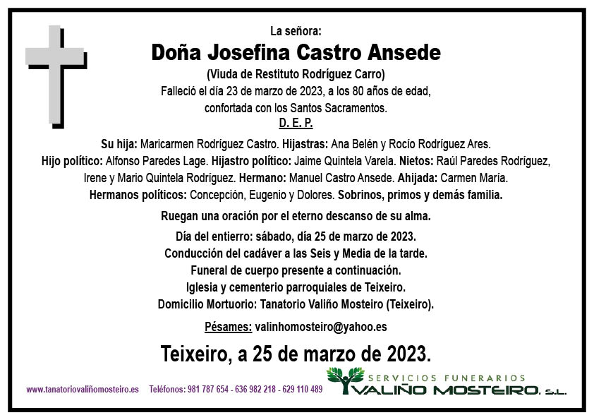 Esquela de Josefina Castro Ansede.