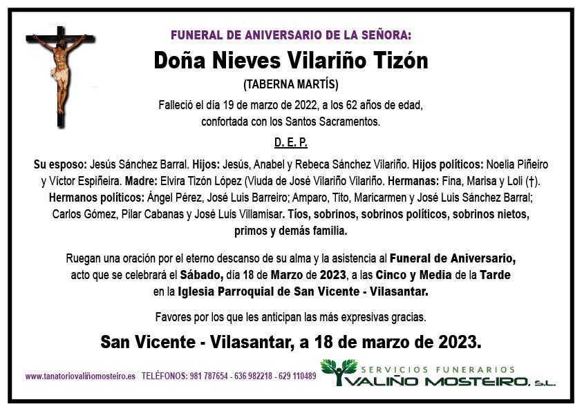 Esquela de Nieves Vilariño Tizón.